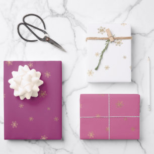 Pink Boysenberry Christmas Gold Snowflakes Inpakpapier Vel