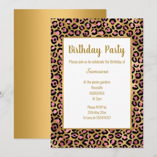 PINK BRIGHT LEOPARD GOLD ALL OCCASION BIRTHDAY KAART (Voorkant / Achterkant)
