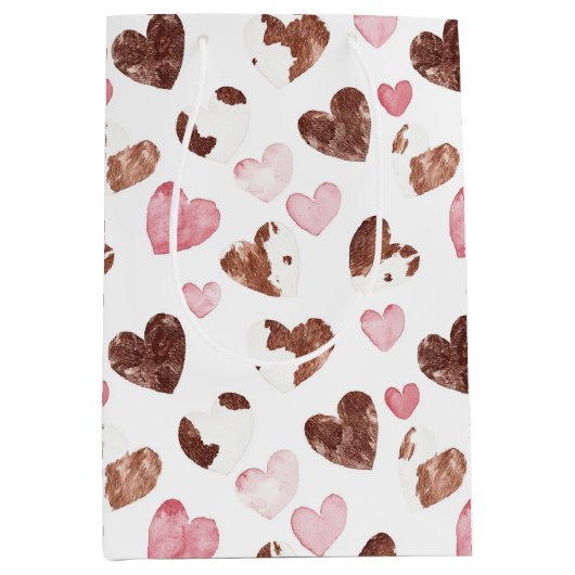 Pink Brown Cocoa Cow Print Hearts Birthday Medium Cadeauzakje (Voorkant)