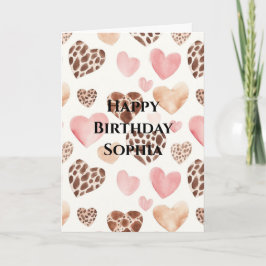 Pink Brown Cream Leopard Animal Hearts Birthday Kaart