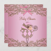 Pink Brown dentelle fille bébé douche Invitations (Devant / Derrière)