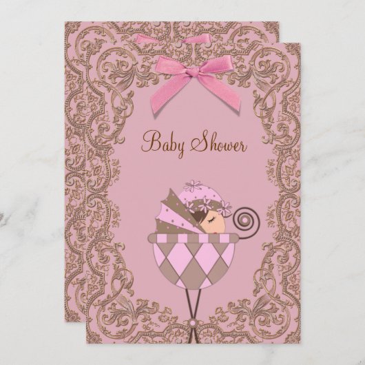 Pink Brown dentelle fille bébé douche Invitations (Devant / Derrière)