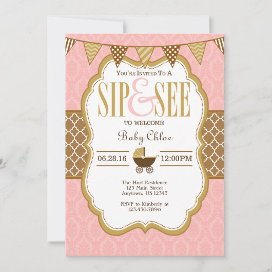 Pink Brown Gold Sip Et Voir Invitation (Devant)
