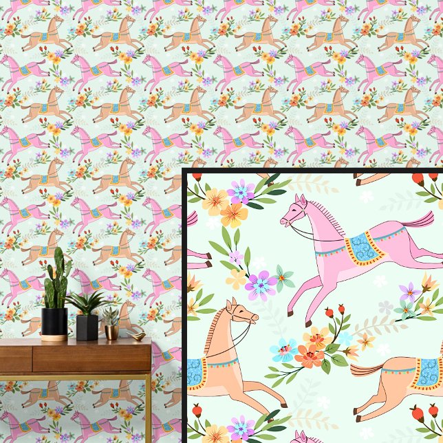 Pink Brown Horses & Flowers Behang (Creator heeft geüpload)