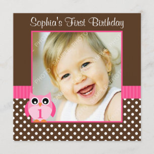 Pink Brown Owl Polka Dot 1st Birthday Girl Foto Kaart