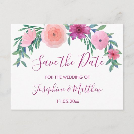 PInk Bruiloft Bloemen Save the Date Aankondigingskaart (Voorkant)