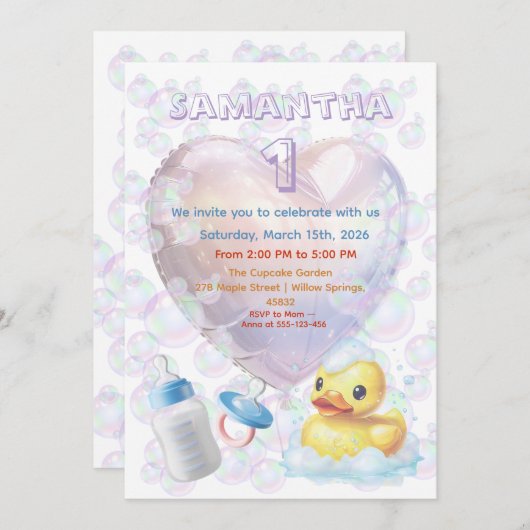 Pink Bubble Duck 1st Birthday Invite Kaart (Voorkant / Achterkant)