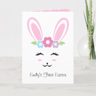 Pink Bunny Face Baby Girl Polka Dots First Easter Feestdagen Kaart