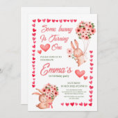 Pink Bunny floral First jarig uitnodiging (Voorkant / Achterkant)