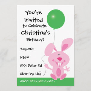 Pink Bunny Holding Green Balballon Birthday Invite Kaart