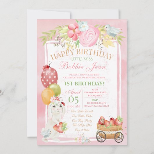 Pink Bunny Ladybug Strawberry Floral Birthday Kaart (Voorkant)