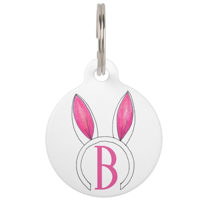 Pink Bunny Rabbit Ears Monogram B Initiaal Pasen Huisdierpenning (Voorkant)