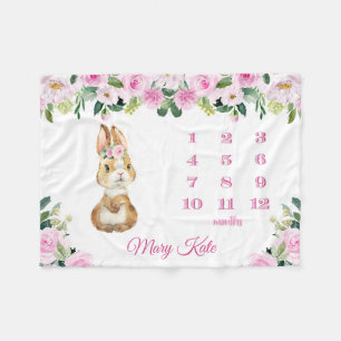 Pink Bunny Rabbit Floral Baby Maandelijkse mijlpaa Fleece Deken