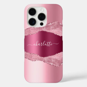 Pink burgundy agate marble name script iPhone 16 pro hoesje