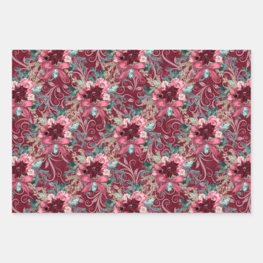 PINK BURGUNDY CHRISTMAS WATERVERF FLOWERS INPAKPAPIER VEL (Voorkant)
