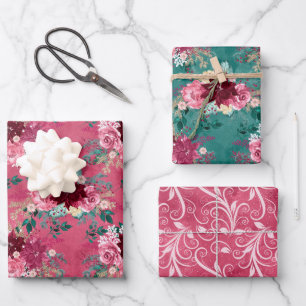 PINK BURGUNDY CHRISTMAS WATERVERF FLOWERS INPAKPAPIER VEL