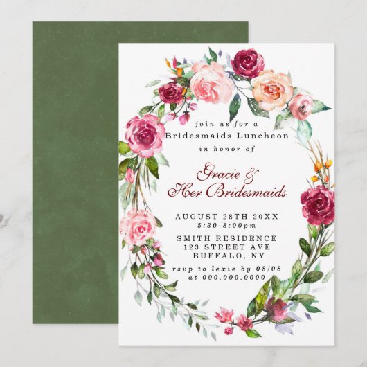 Pink Burgundy Floral Bridesmaids Invitations de dé (Devant / Derrière)
