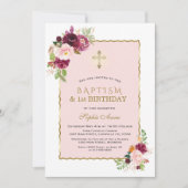 Pink Burgundy Floral Girl 1st Birthday & Baptisme Kaart (Voorkant)