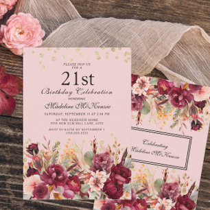 Pink Burgundy Floral Gold Glitter 21st Birthday Kaart