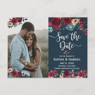 Pink Burgundy Navy Floral Save the Date Photo Aankondigingskaart