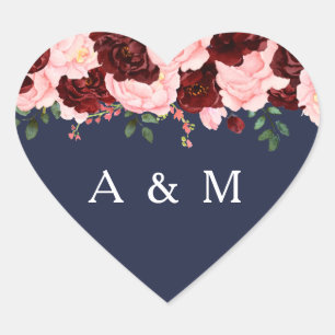 Pink Burgundy Roos Floral Navy Blue Wedding Hart Sticker