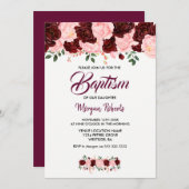 Pink & Burgundy Rose fille Baptême Invitation de s (Devant / Derrière)
