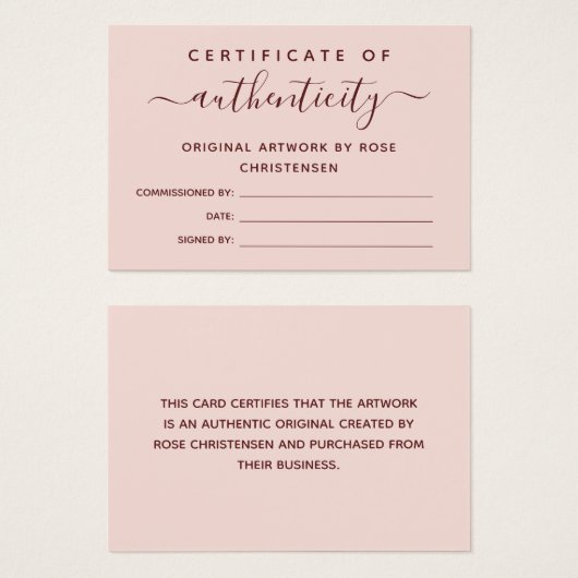 Pink Burgundy Script Certificat d'authenticité (Devant & derrière)
