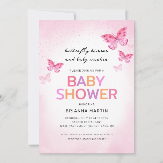 Pink Butterfies Baby shower Uitnodiging (Voorkant)