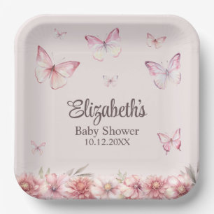 Pink Butterflies and Flowers Baby shower Papieren Bordje