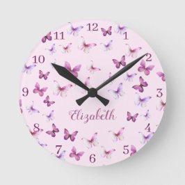 Pink Butterflies Pattern Custom Name Ronde Klok
