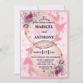 Pink Butterflies Wedding Invitation Kaart