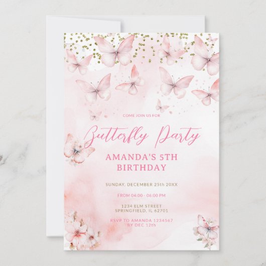 Pink Butterfly Birthday Girl Invitation Kaart (Voorkant)