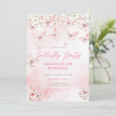 Pink Butterfly Birthday Girl Invitation Kaart (Staand voorkant)