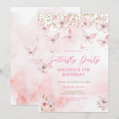 Pink Butterfly Birthday Girl Invitation Kaart (Voorkant / Achterkant)