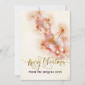 Pink Butterfly Christmas Glitter Feestdagenkaart