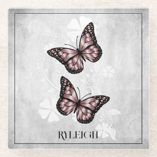 Pink Butterfly Floral Personalized Glass Onderzett Glazen Onderzetter (Voorkant)