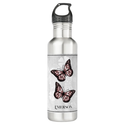 Pink Butterfly Floral Personalized Waterfles (Voorkant)
