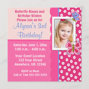 Pink Butterfly Girls Birthday Uitnodiging
