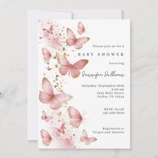 Pink Butterfly Minimalist Baby Shower Invitation (Devant)