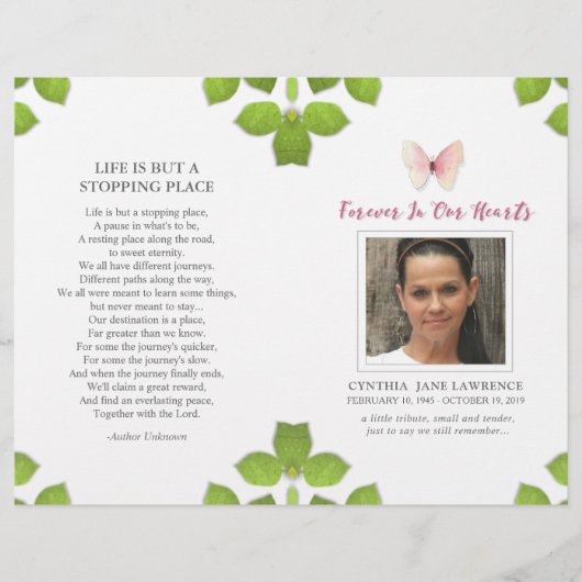 Pink Butterfly Photo Funeral Memorial Programme (Voorkant)