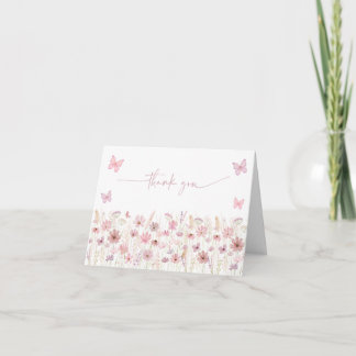 Pink Butterfly Wildflowers Baby Shower Bedankkaart
