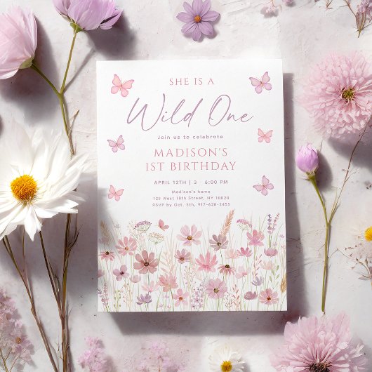 Pink Butterfly Wildflowers First Birthday Kaart