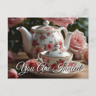 Pink Cabbage Rose Tea  Invitation Postcard Uitnodiging Briefkaart