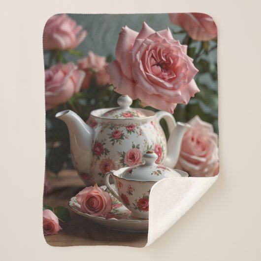 Pink Cabbage Rose Tea Sherpa Deken (Voorkant)