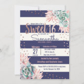 Pink Cactus Navy Stripes Rose Sweet 16 Invitations (Devant)
