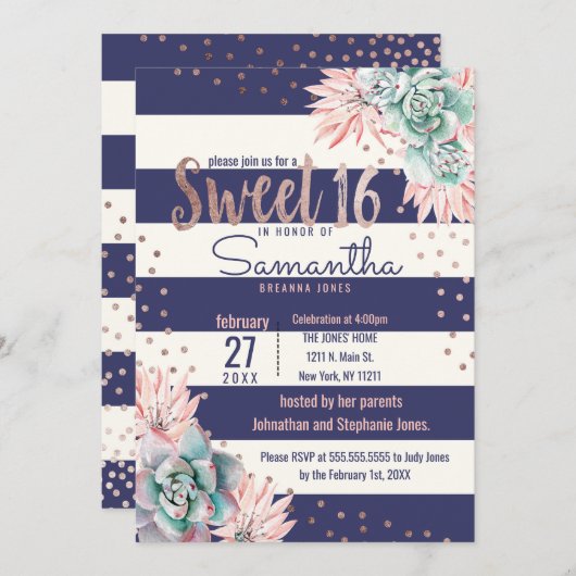 Pink Cactus Navy Stripes Rose Sweet 16 Invitations (Devant / Derrière)