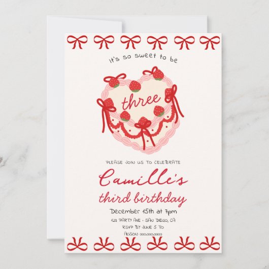 Pink Cake & Red bow Invitation Anniversaire (Devant)