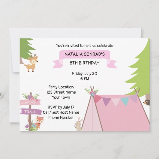 Pink Camping Invitation d'anniversaire (Devant)