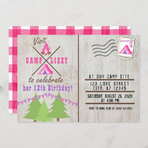 Pink Camping Wood Flannel Carte postale Anniversai