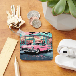 Pink Car 1950s Diner Retro Mid‑Century Custom Sleutelhanger